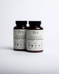 Thumbnail for Two bottles of 'Strength & Energy' organic beef liver supplement on a white background