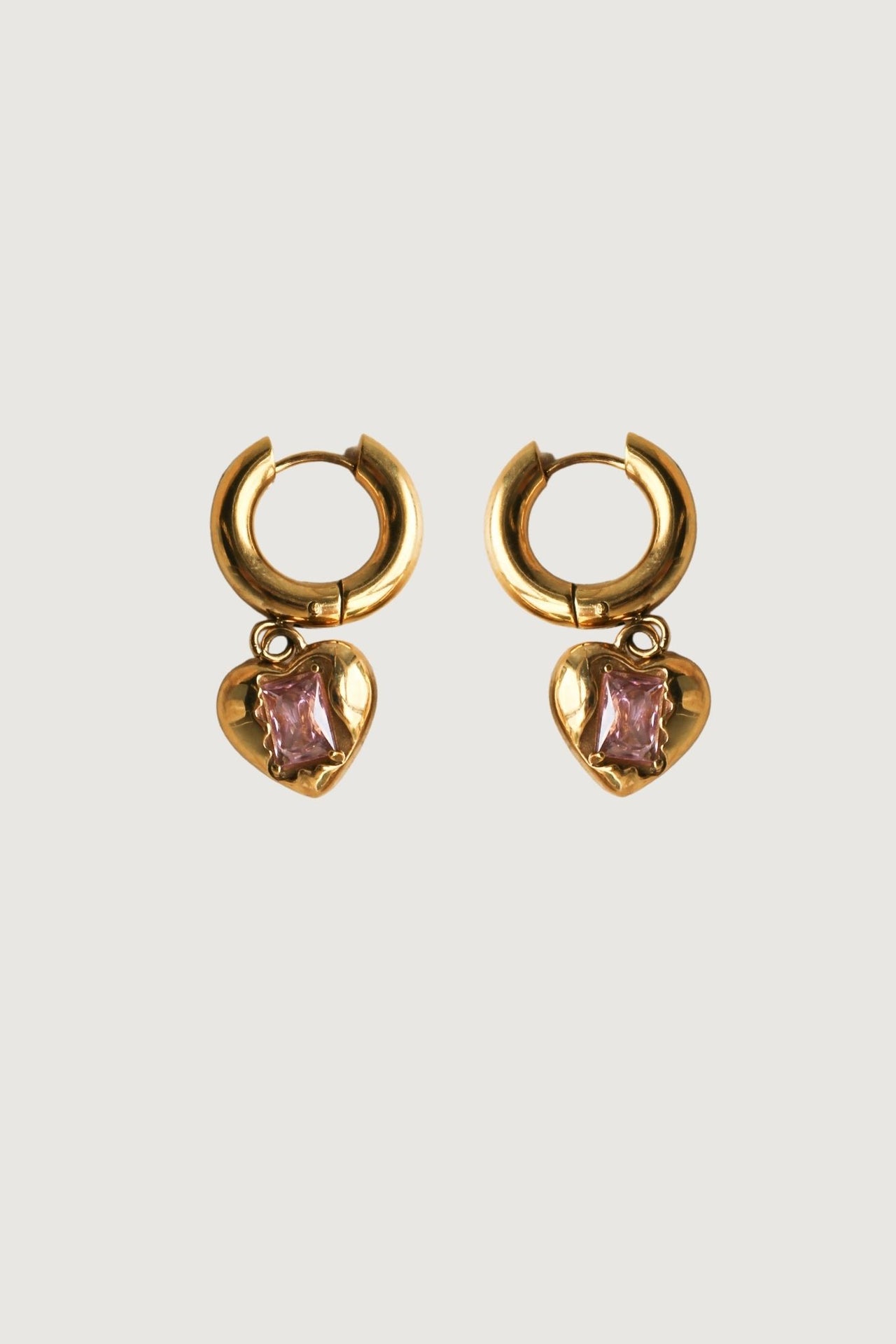 GOLD HEART DROP EARRINGS PINK STONE