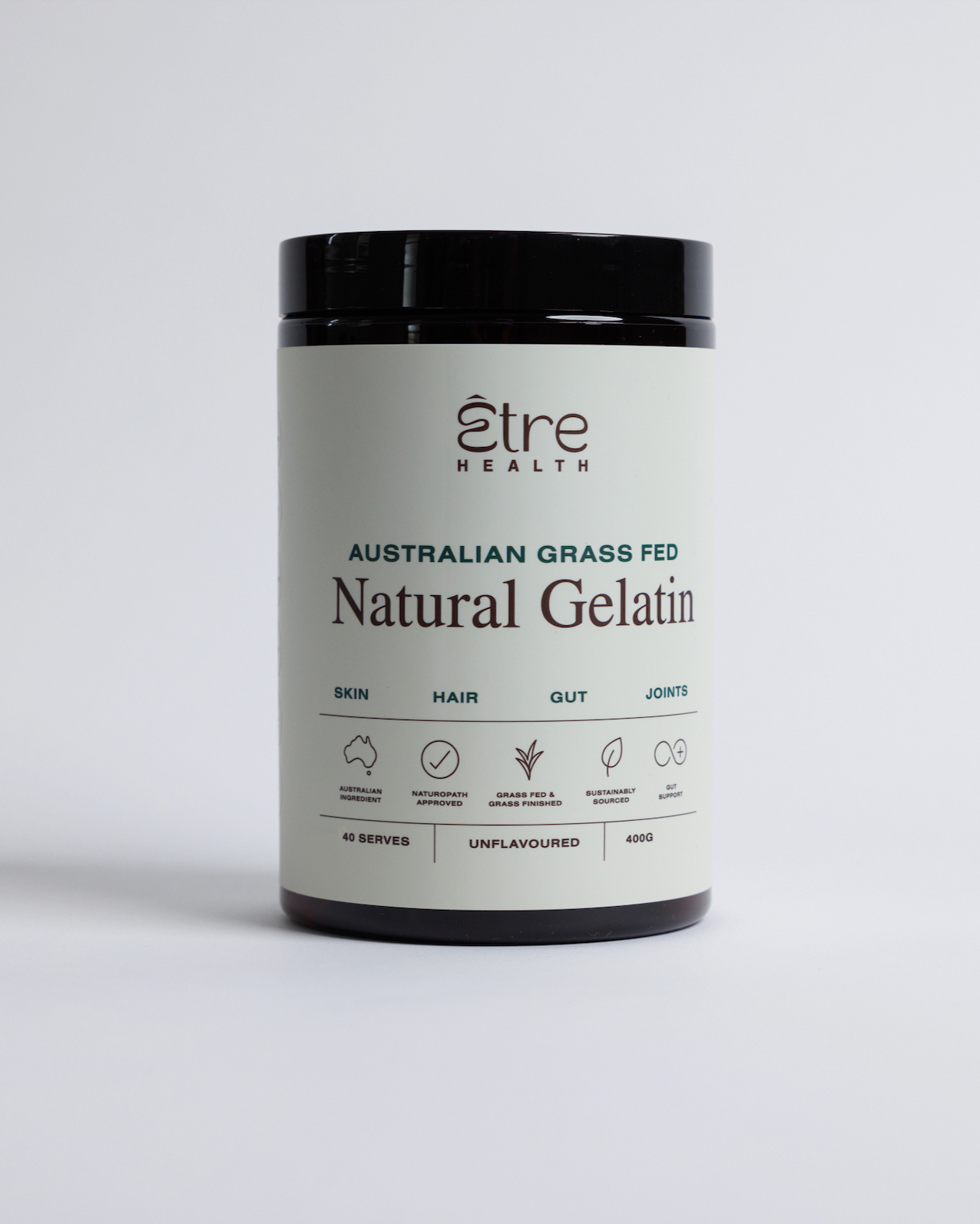 Container of Etre Health Australian Grass Fed Natural Gelatin on a light gray background