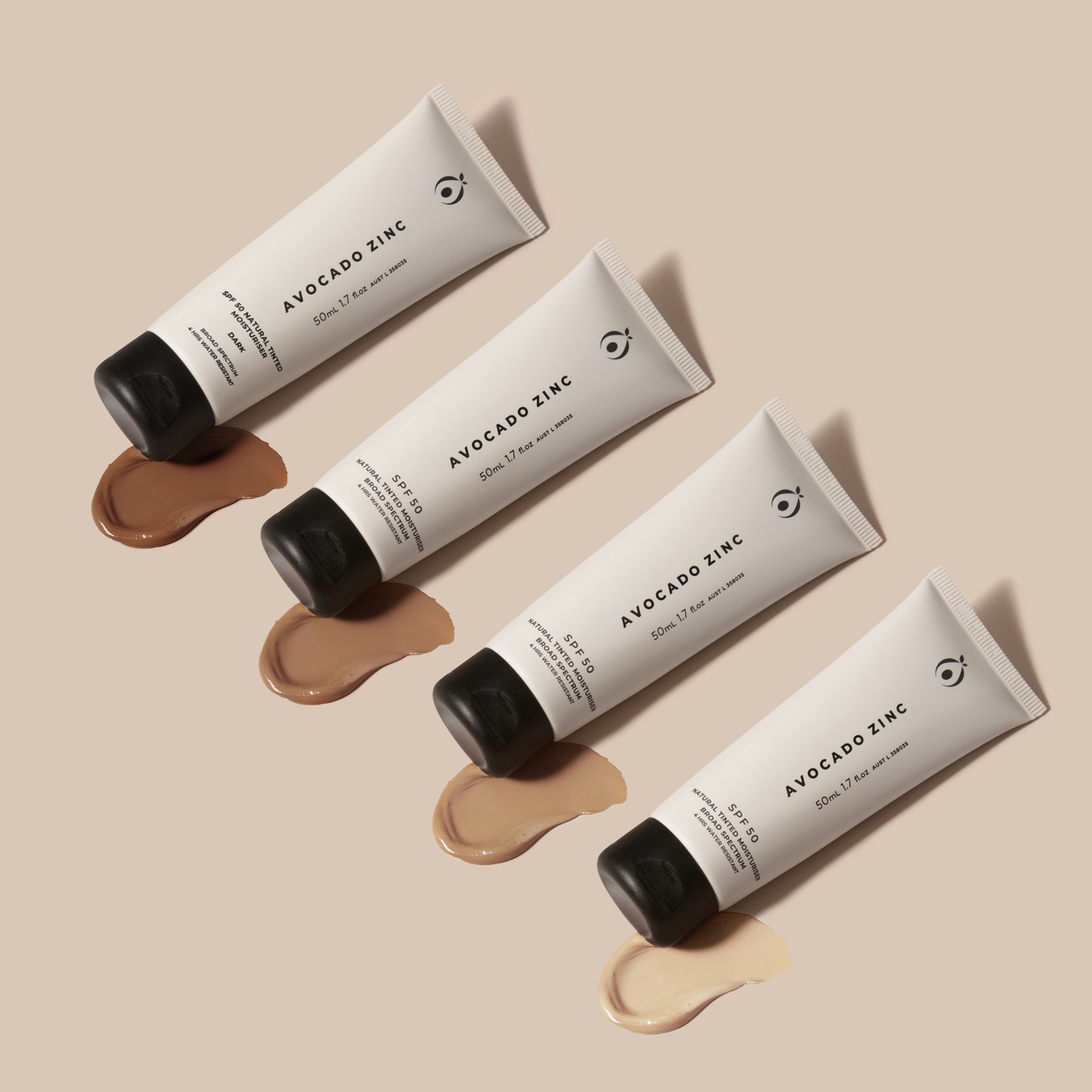 Avocado Zinc SPF 50 Natural Tinted Moisturiser in Dark shade bottle and packaging
