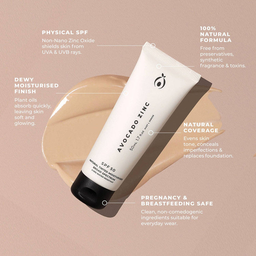 Avocado Zinc SPF 50 Natural Tinted Moisturiser in Dark shade tube beside avocado and zinc ingredients