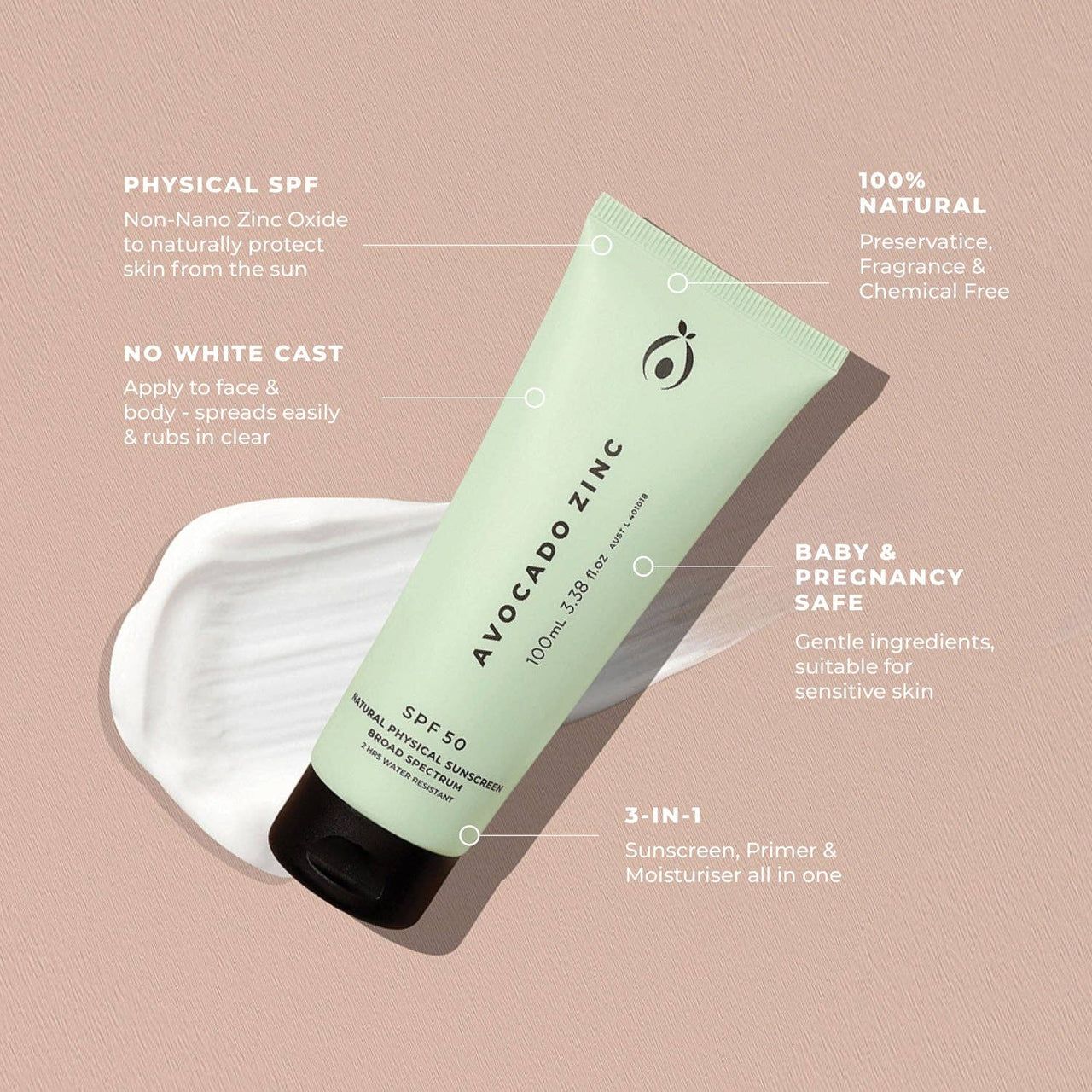 Avocado Zinc - SPF 50 Natural Physical Sunscreen 100ml