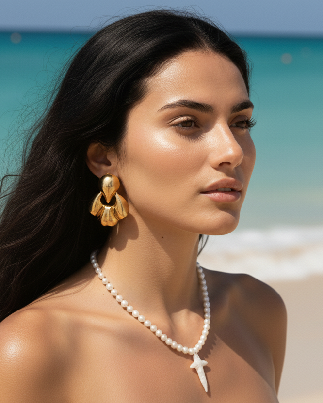 Woman on a beach with ocean view wearing earrings and a necklace