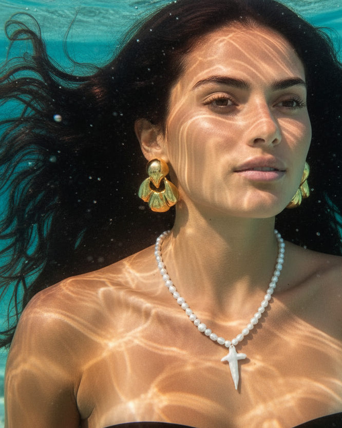 Woman underwater wearing a pearl necklace with a cross pendant