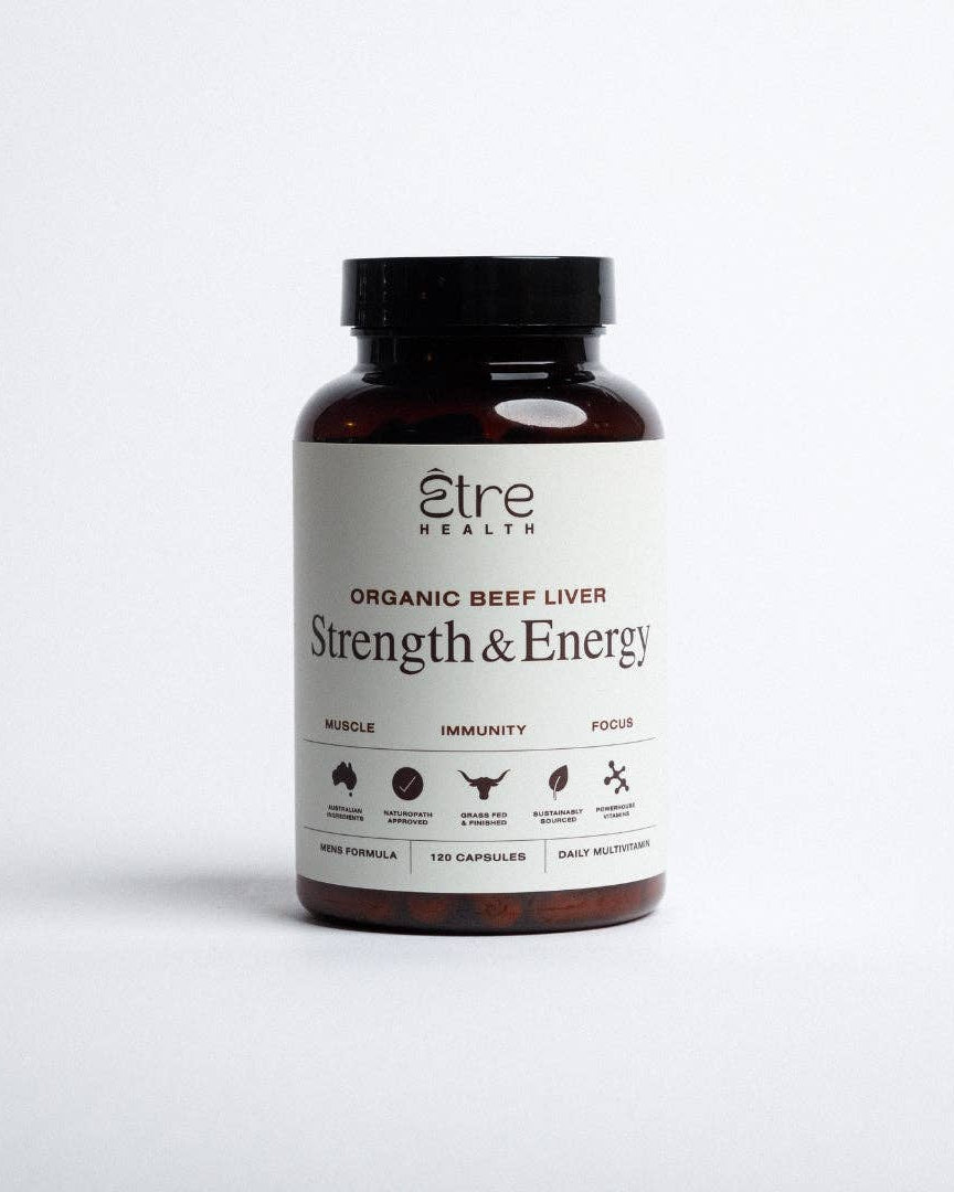 Supplement bottle labeled 'Strength & Energy' by etre health on a white background