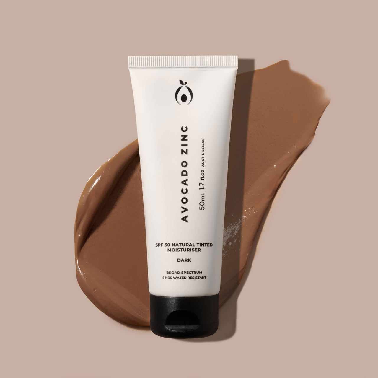 Avocado Zinc SPF 50 Natural Tinted Moisturiser in Dark shade product tube
