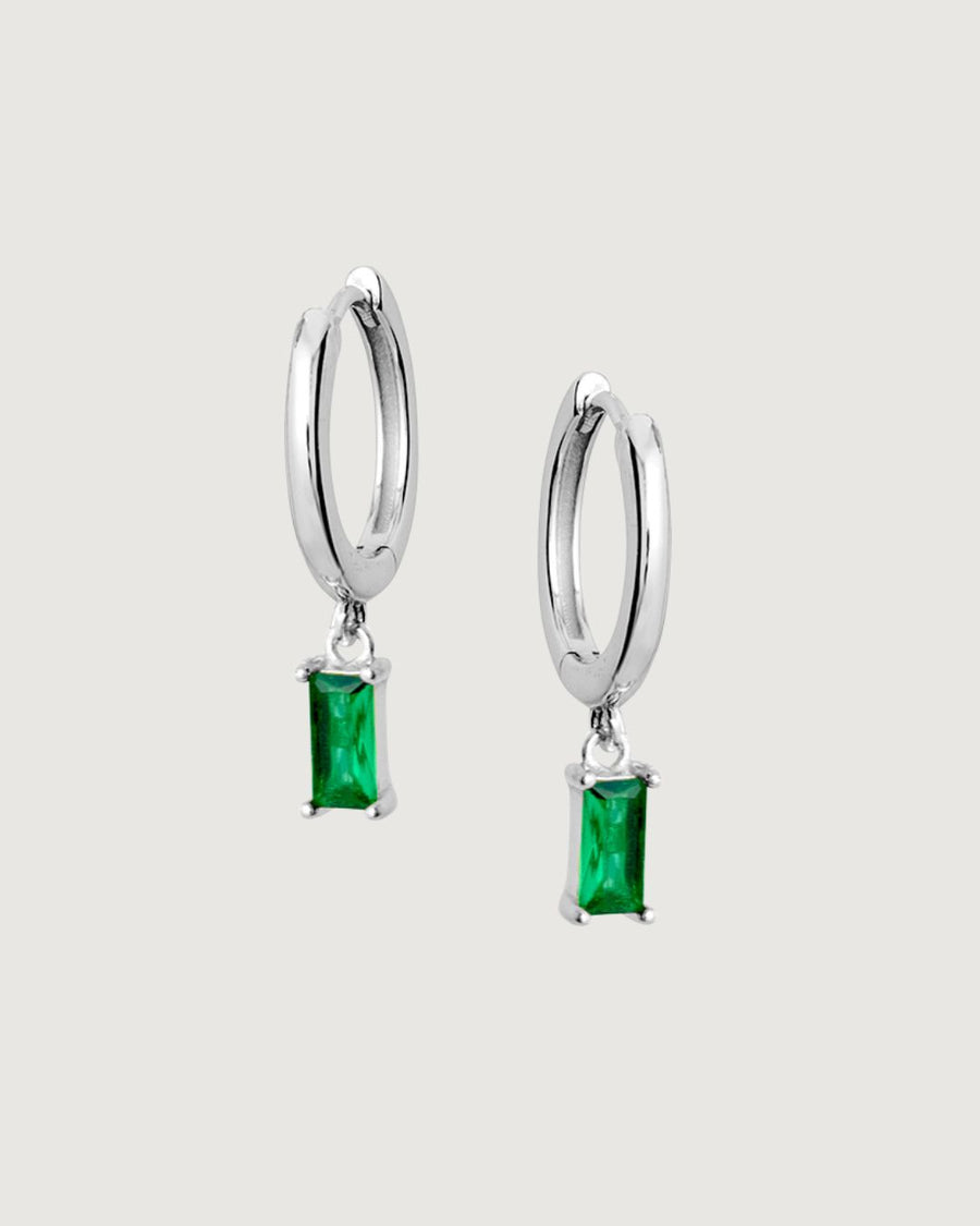 Isla Baguette Hoop Earrings – Emerald Green Silver