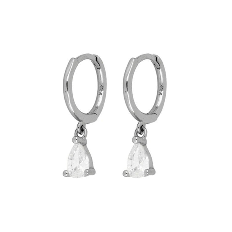 PEAR-CUT CRYSTAL DANGLE HUGGIE HOOP EARRINGS SILVER - STUDIO JO STORE  