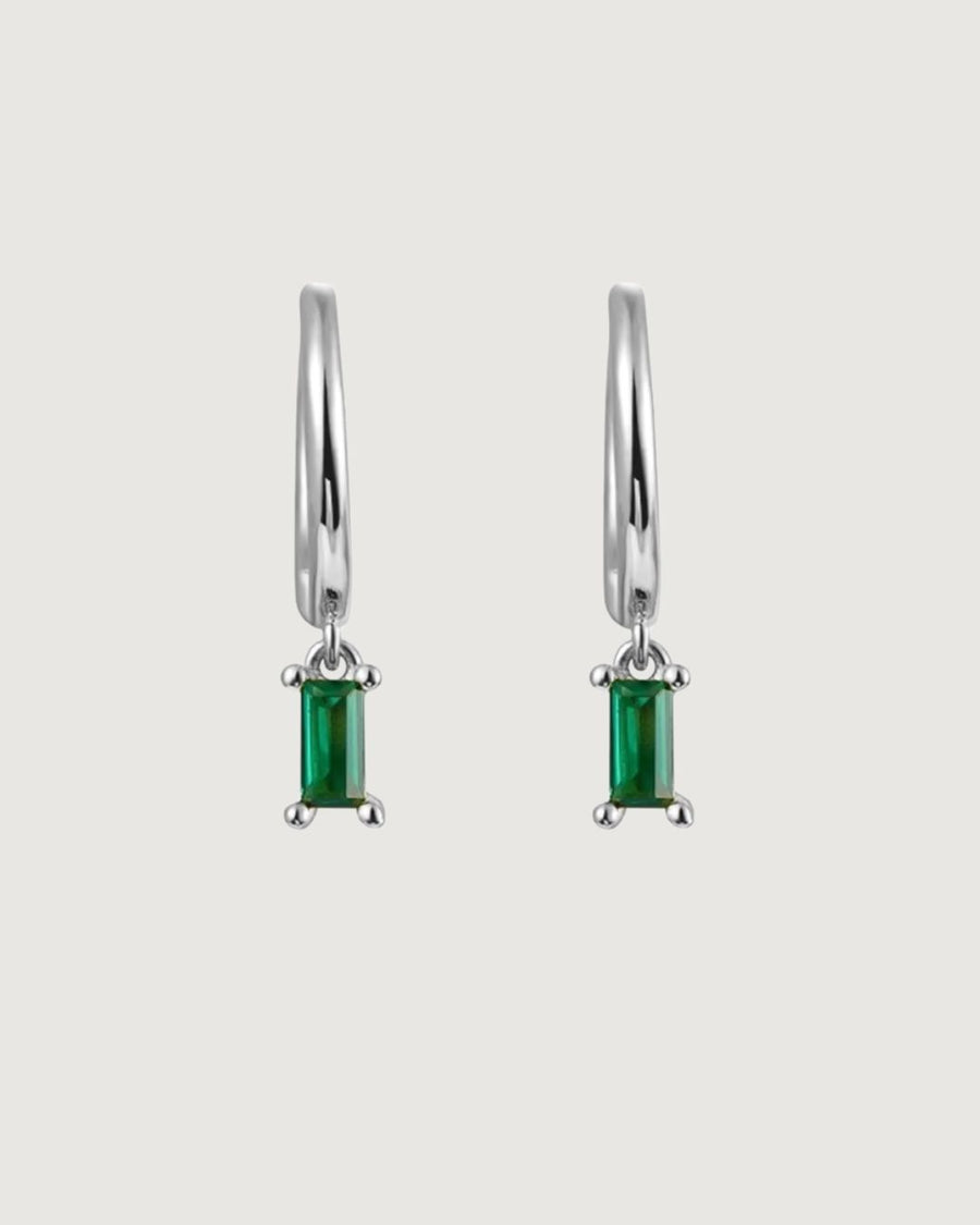 Isla Baguette Hoop Earrings – Emerald Green Silver