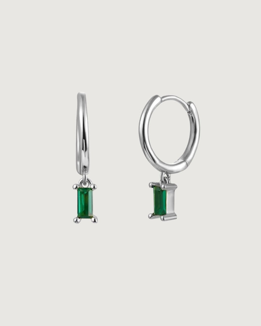 Isla Baguette Hoop Earrings – Emerald Green Silver