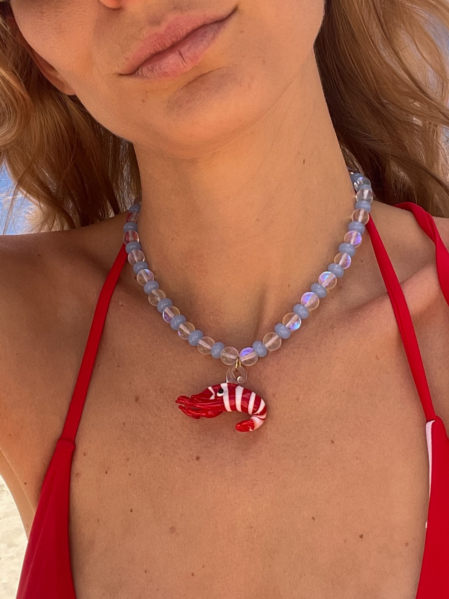 LARRY THE RED LOBSTER PENDANT NECKLACE - BLUE OPALESCENT GLASS BEADS - STUDIO JO STORE  