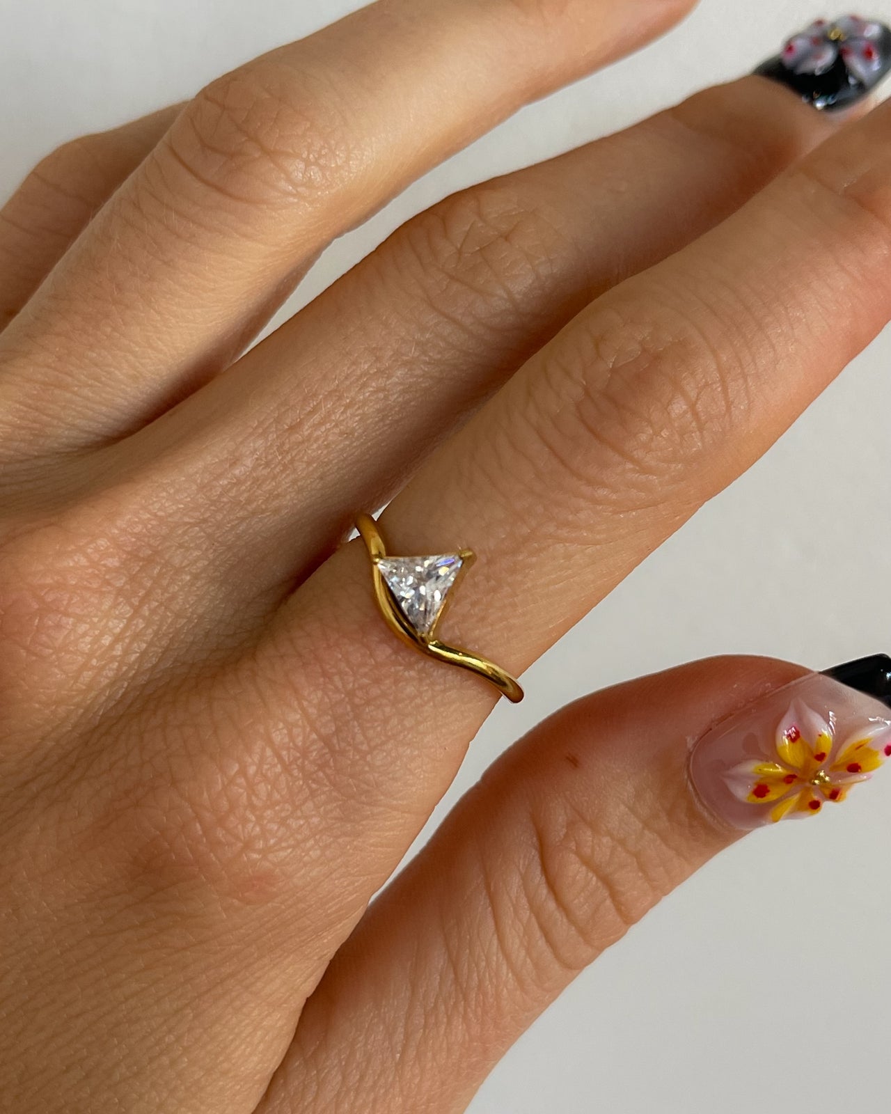 TRIANGLE TRILLION CUT ZIRCONIA RING 18K GOLD PVD - STUDIO JO STORE  