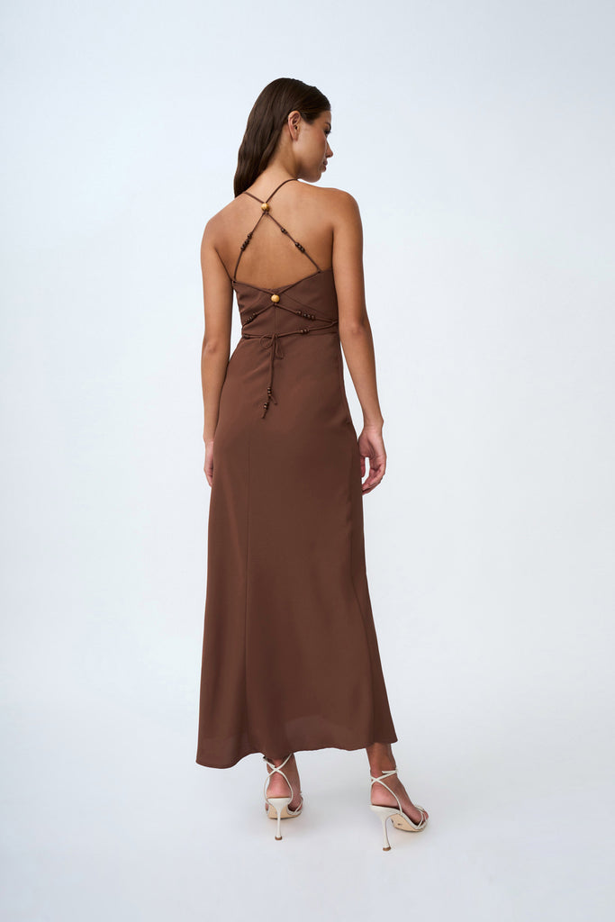 BY JOHNNY HANA BIAS BEAD MIDI DRESS - CHOCOLATE