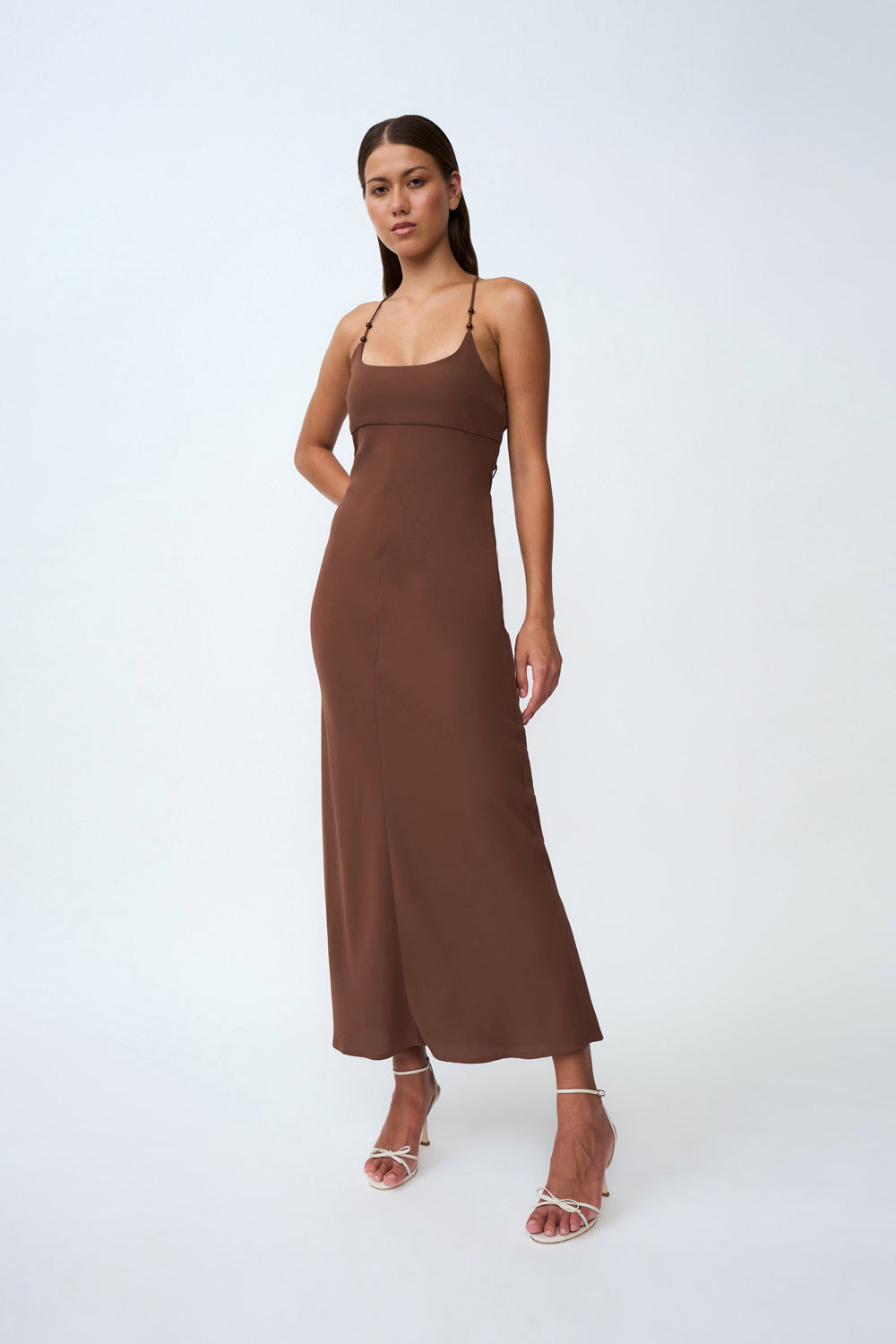 BY JOHNNY - HANA BIAS BEAD MIDI DRESS - CHOCOLATE BROWN - STUDIO JO STORE  