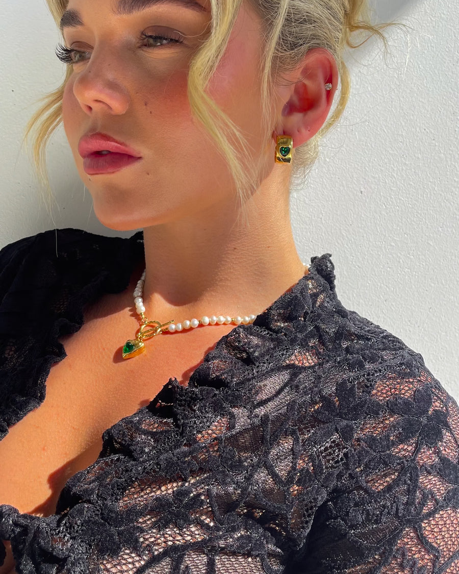 EMERALD HEART HUGGIE EARRINGS GOLD - STUDIO JO STORE  