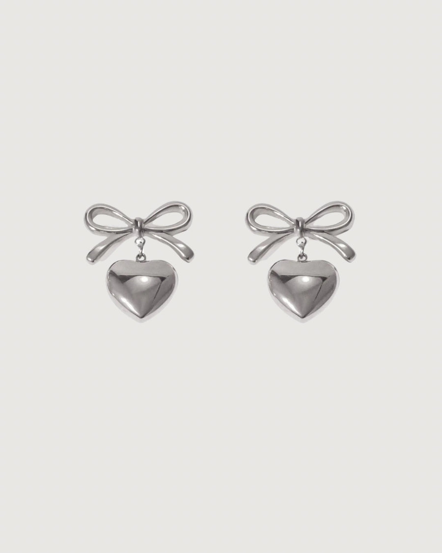BOW DROP HEART STUD EARRINGS SILVER - STUDIO JO STORE  
