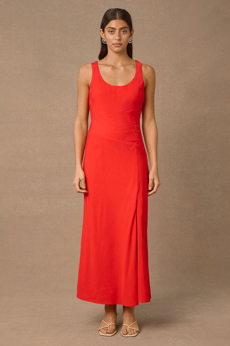 MØN RENN REVERIE MIDI DRESS - SIREN RED - STUDIO JO STORE  