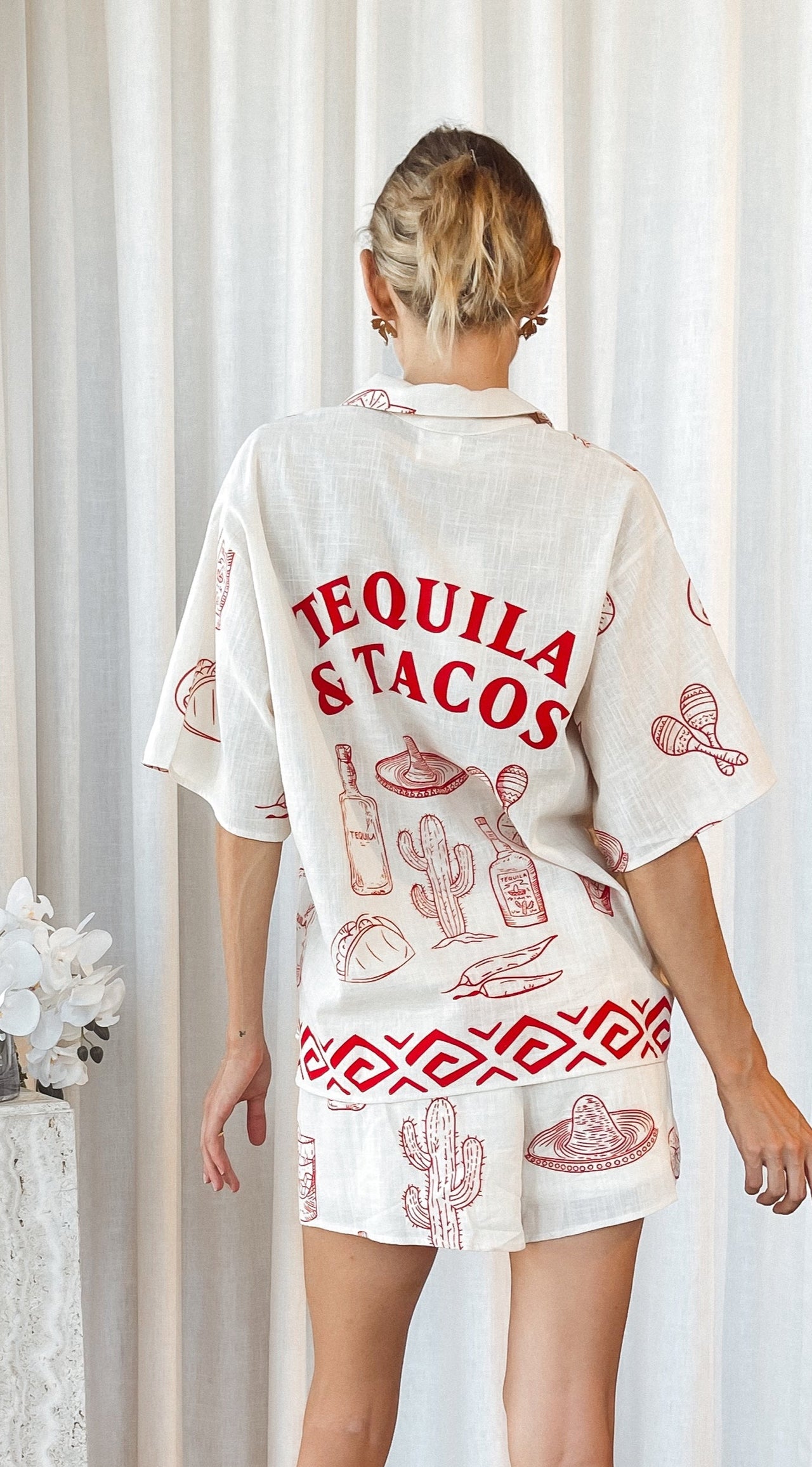 Tequila & Tacos - Shirt & Short Linen Set - Beige Red