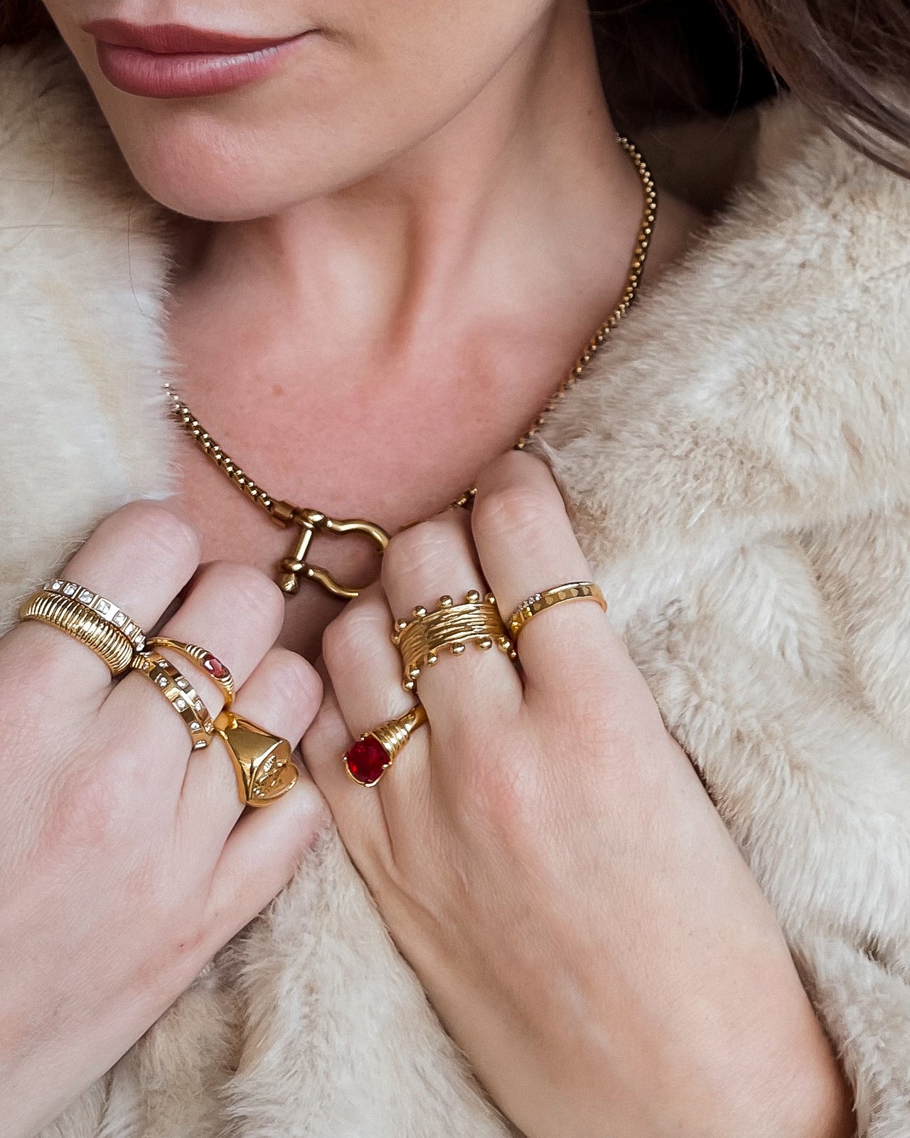 Close-up of a nikki wearing gold rings with a fur background