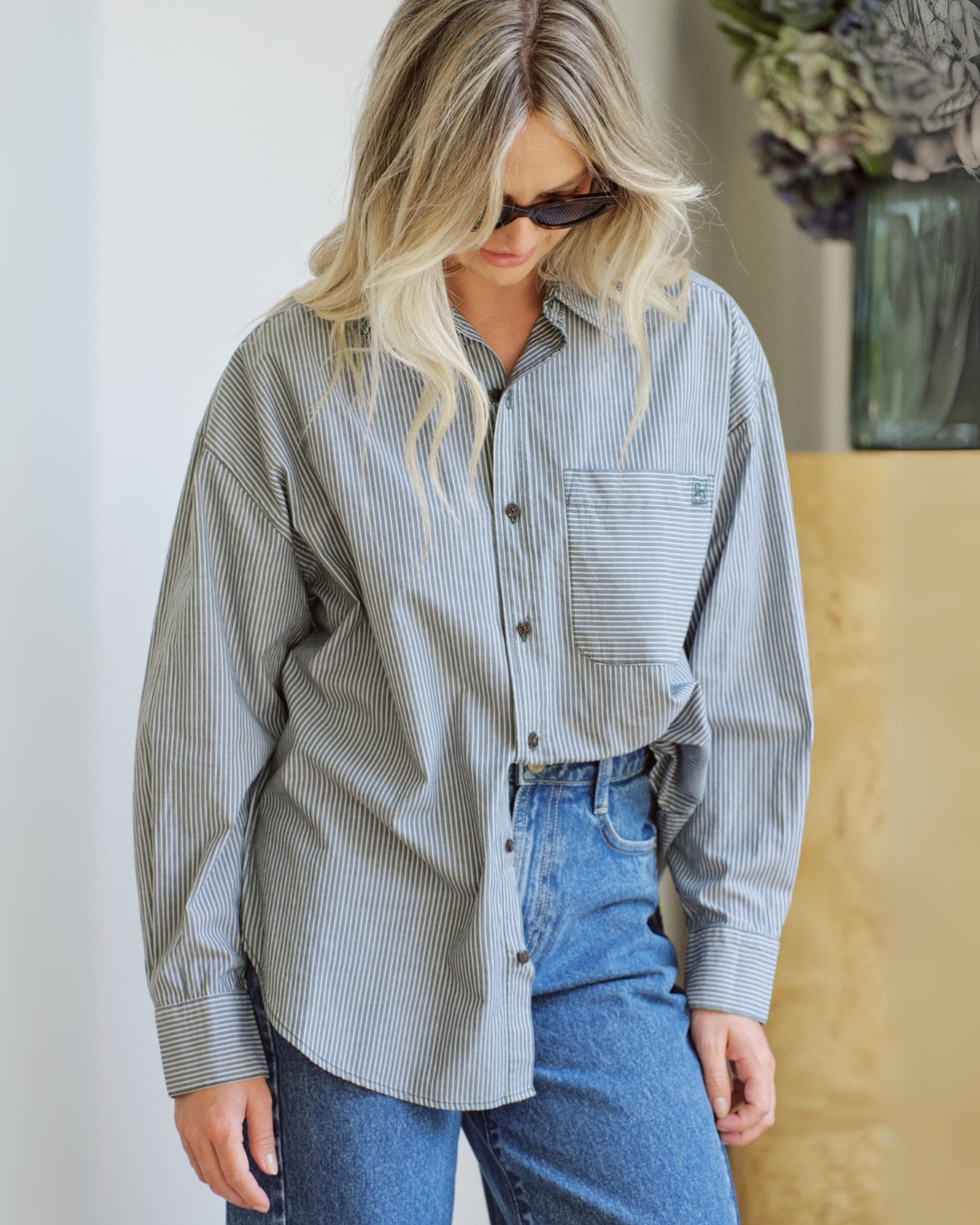 PETA OVERSIZED SHIRT GREEN WHITE NARROW STRIPE - STUDIO JO STORE  