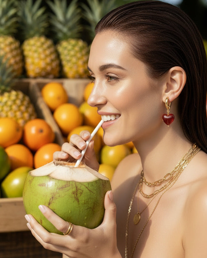 Crush Glass Heart Earrings Ruby Red 18K Gold Hoops