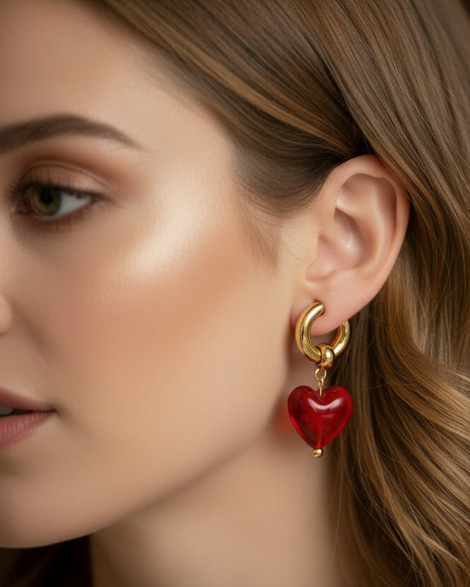 Crush Glass Heart Earrings Ruby Red 18K Gold Hoops