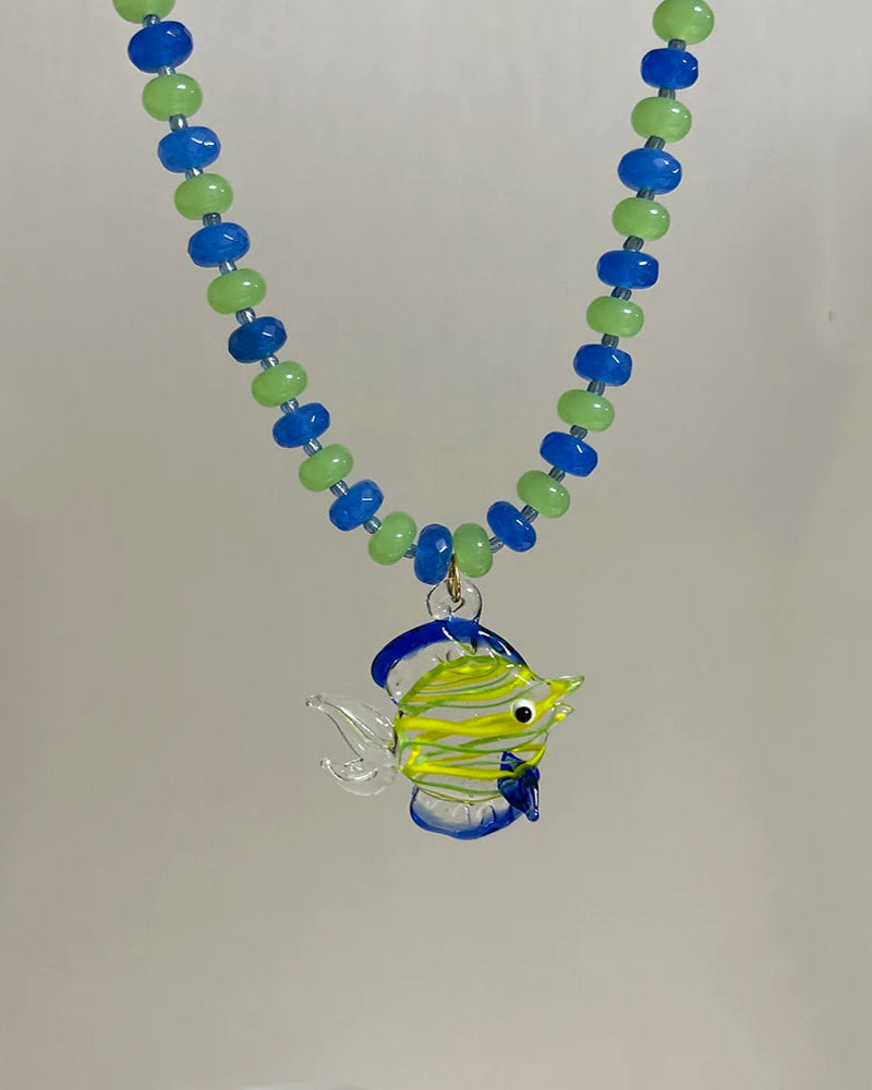 HANDMADE TROPICAL FISH PENDANT NECKLACE - BLUE GREEN GLASS BEADS - STUDIO JO STORE  
