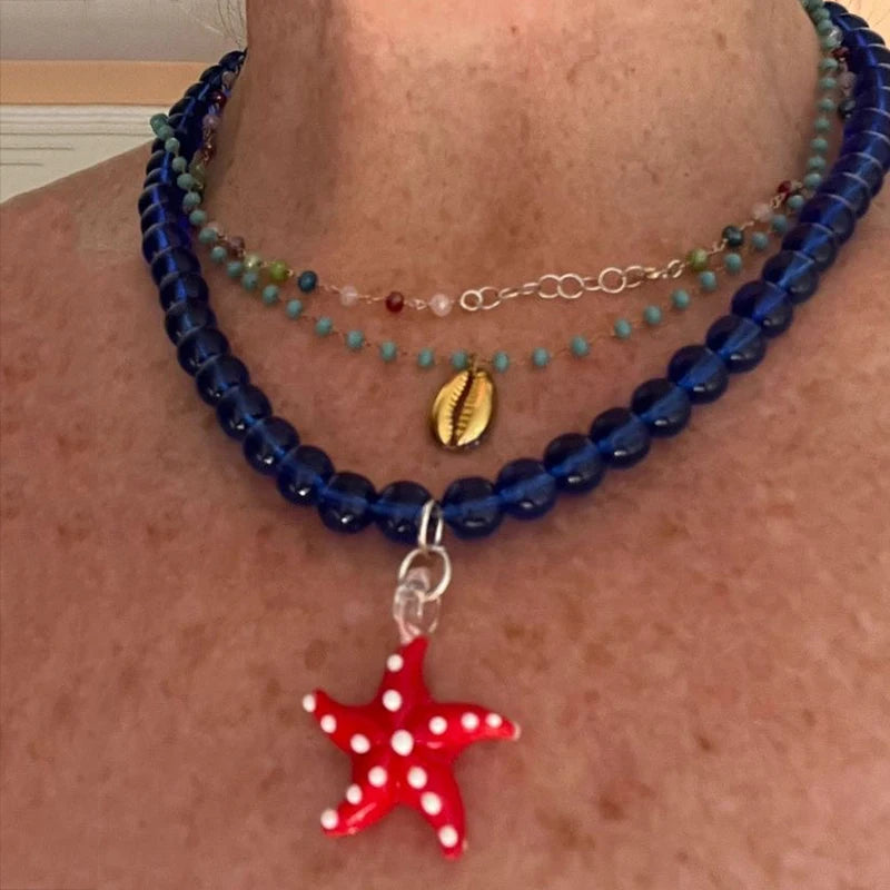 SIENNA STARFISH PENDANT NECKLACE -  HANDMADE GLASS STARFISH BLUE AND RED - STUDIO JO STORE  