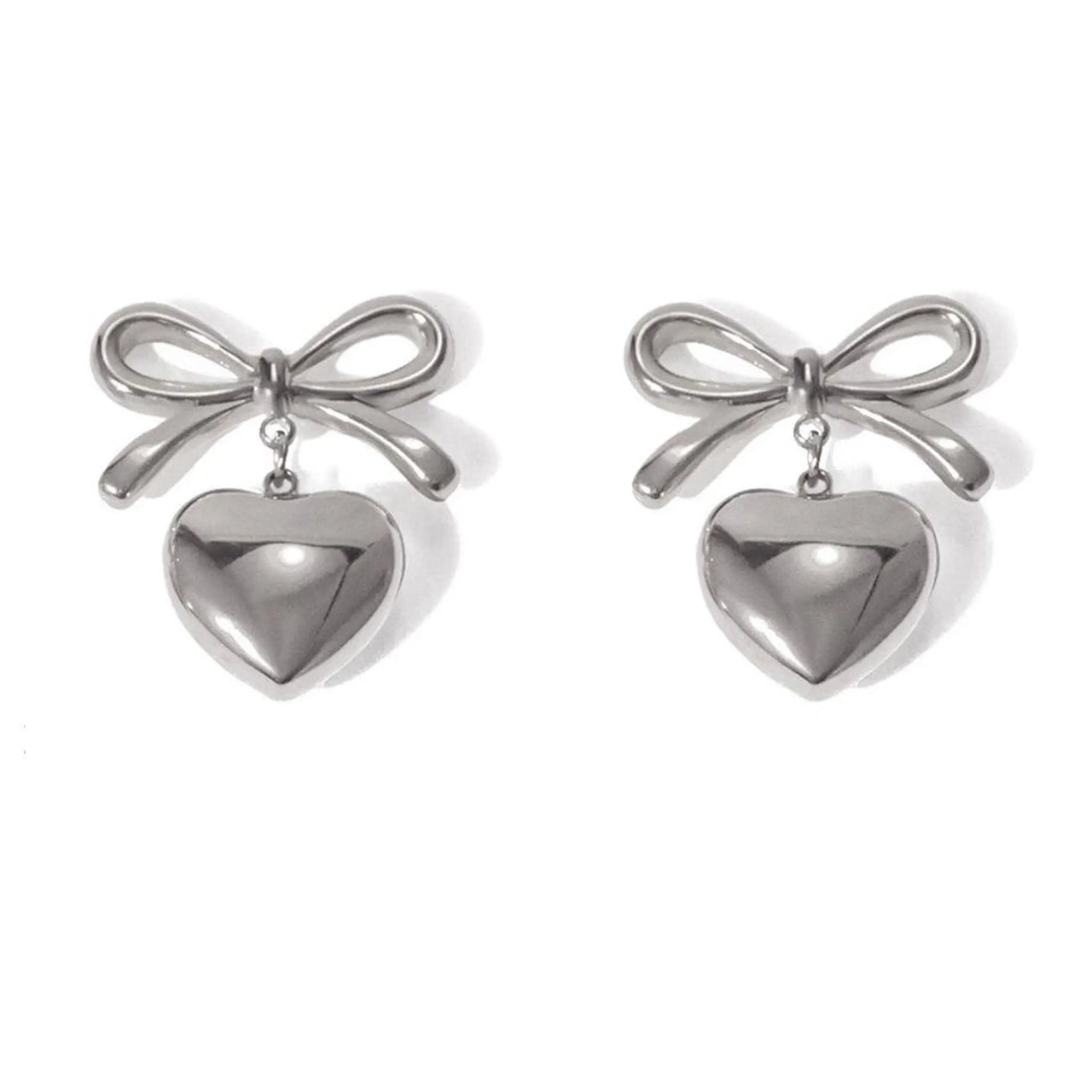 BOW DROP HEART STUD EARRINGS SILVER - STUDIO JO STORE  