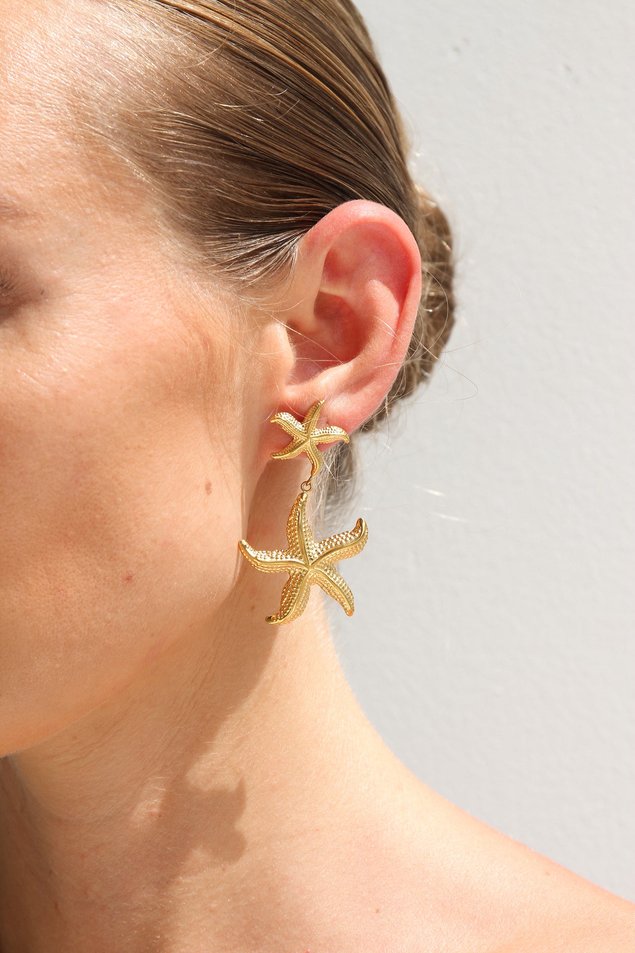 GOLD STUD STARFISH DROP EARRINGS