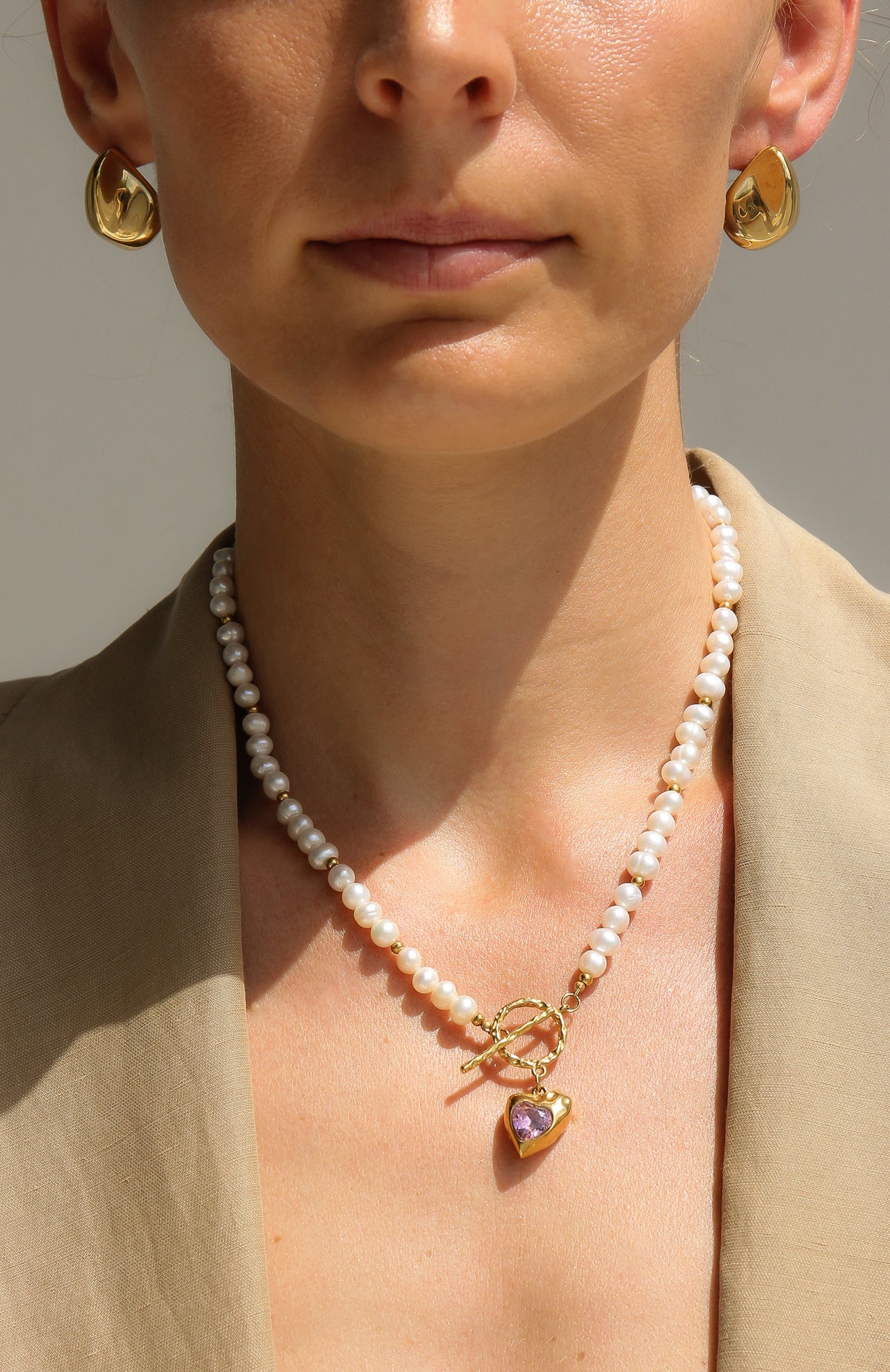 GOLD HEART FRESH WATER PEARL NECKLACE PINK STONE