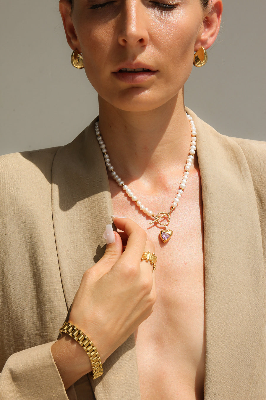 GOLD HEART FRESH WATER PEARL NECKLACE PINK STONE - STUDIO JO STORE  