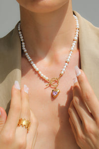 Thumbnail for GOLD HEART FRESH WATER PEARL NECKLACE PINK STONE