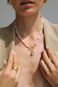 Thumbnail for GOLD HEART FRESH WATER PEARL NECKLACE PINK STONE