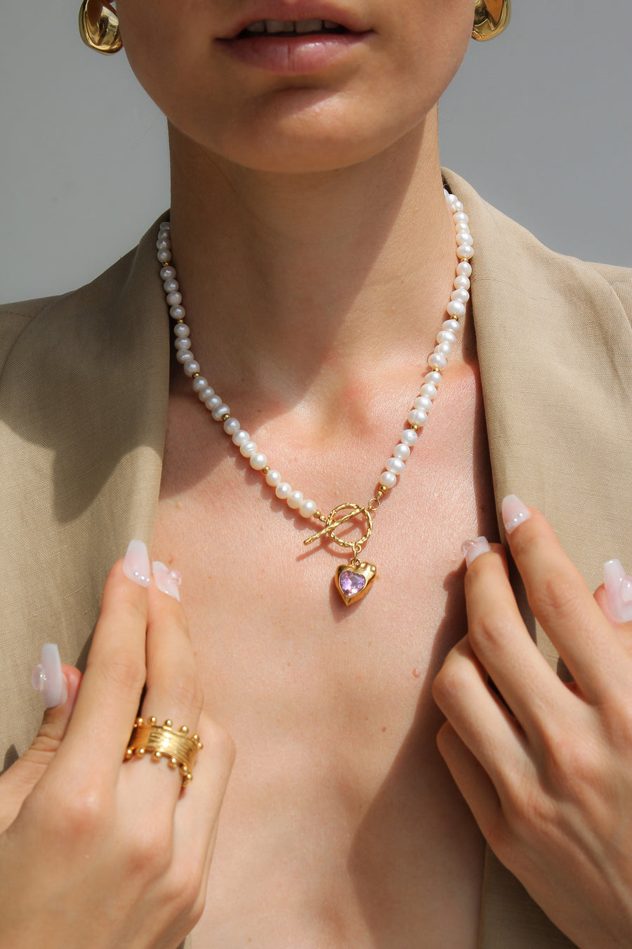 GOLD HEART FRESH WATER PEARL NECKLACE PINK STONE - STUDIO JO STORE  