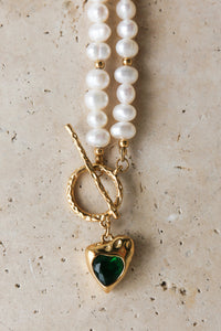 Thumbnail for GOLD HEART FRESH WATER PEARL NECKLACE GREEN STONE