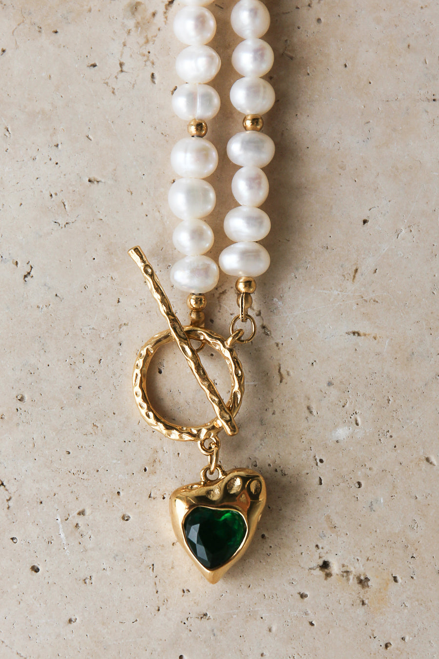 GOLD HEART FRESHWATER PEARL NECKLACE GREEN STONE - STUDIO JO STORE  