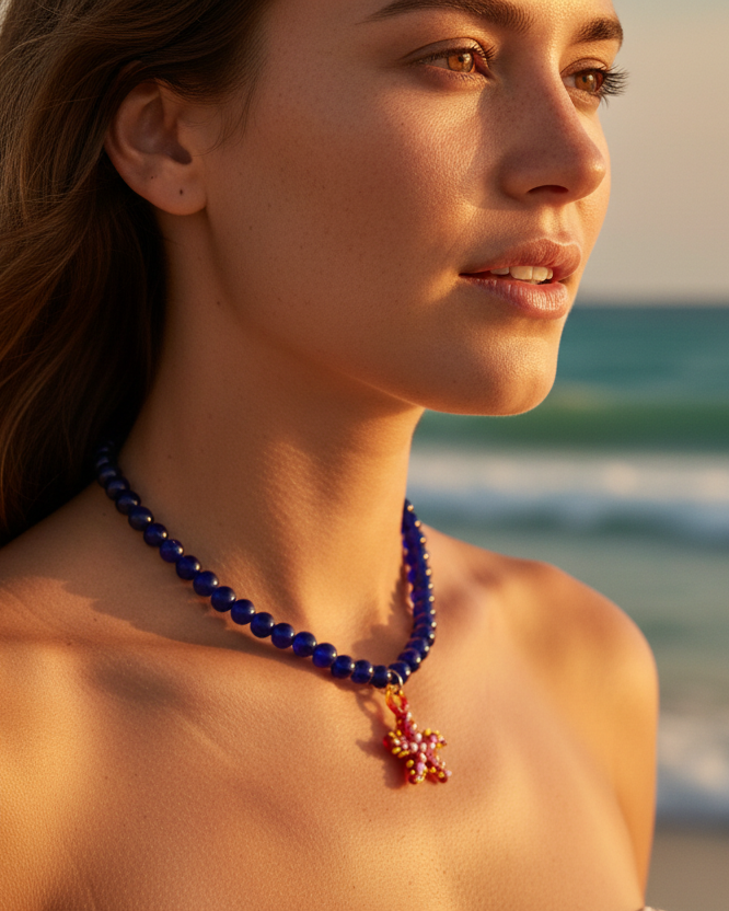Woman wearing a blue beaded necklace with a pendant on a beach