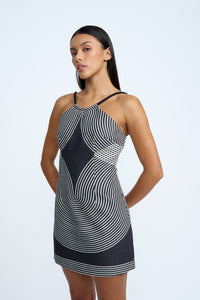 Thumbnail for BY JOHNNY ZEN LINEAR HALTER MINI DRESS - BLACK IVORY