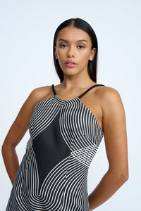 Thumbnail for BY JOHNNY - ZEN LINEAR HALTER MINI DRESS - BLACK IVORY - STUDIO JO STORE  