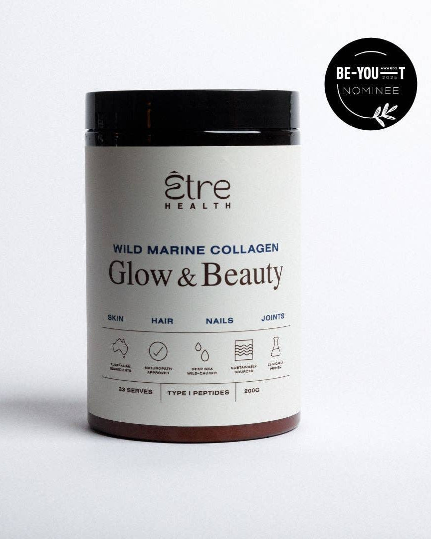 Etre Health Pty Ltd Glow & Beauty Wild Marine Collagen supplement container with label showing product details and branding.