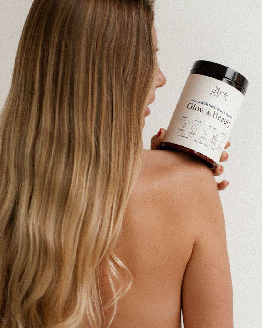 Etre Health Pty Ltd Glow & Beauty Wild Marine Collagen supplement bottle with label and white background