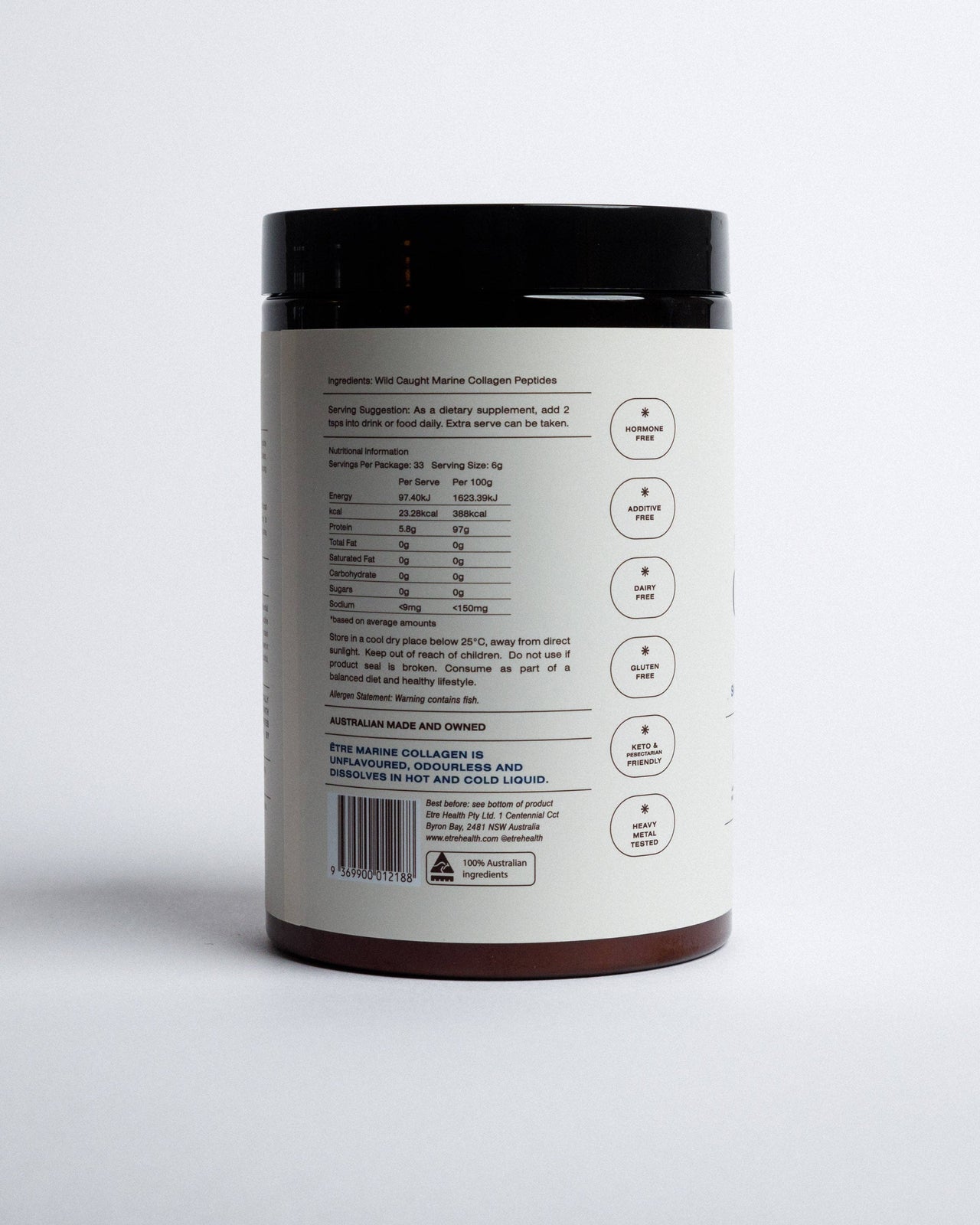 Etre Health Pty Ltd Glow & Beauty Wild Marine Collagen supplement bottle with label featuring marine collagen benefits.