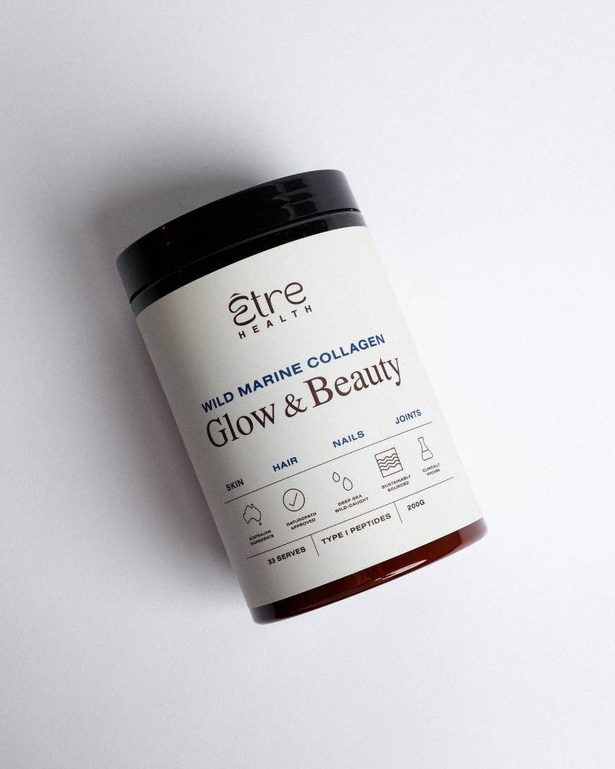 Etre Health Pty Ltd Glow & Beauty Wild Marine Collagen supplement bottle showing label and product packaging.