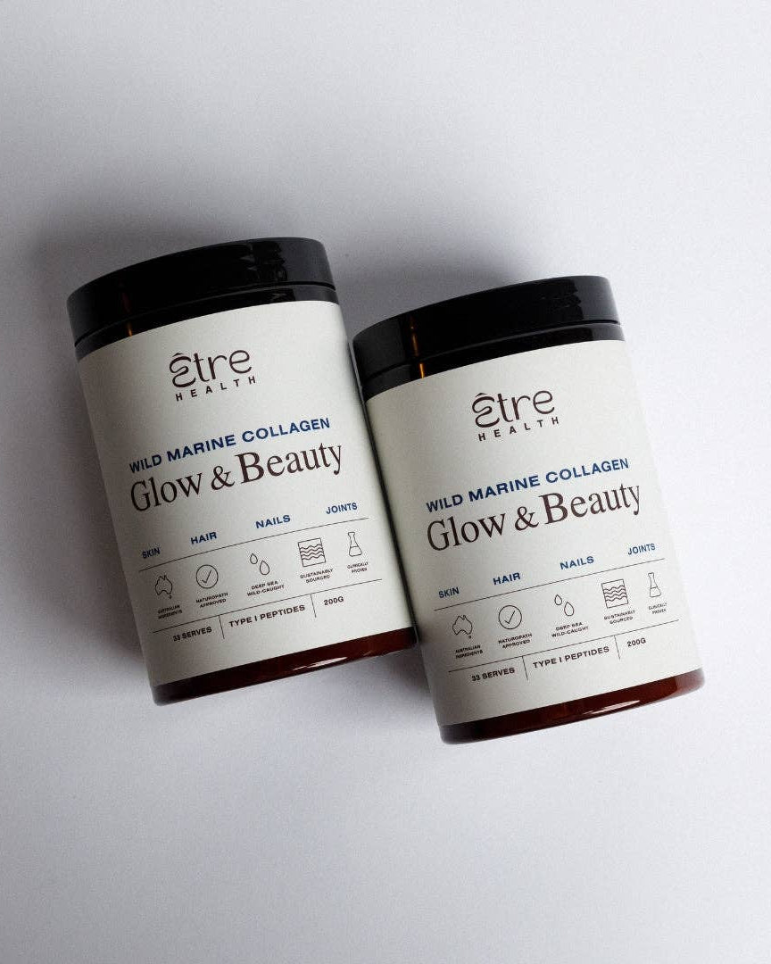 Etre Health Pty Ltd Glow & Beauty Wild Marine Collagen supplement bottle with label showing marine collagen ingredients.