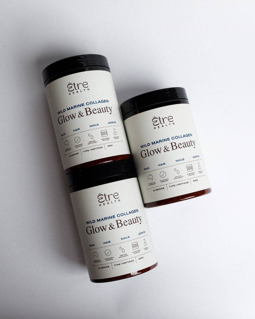 Etre Health Pty Ltd Glow & Beauty Wild Marine Collagen supplement bottle with label and product info.