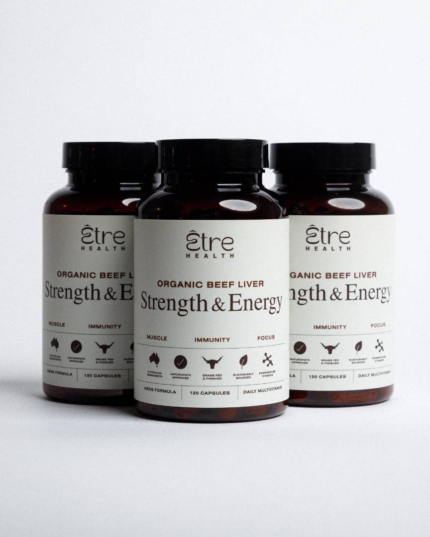 Three bottles of Etre Health Organic Beef Liver Strength & Energy supplement on a white background