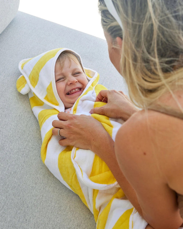 Byron BaBy Hooded Towel – Yellow & White Stripe | Organic Towel by Styld.