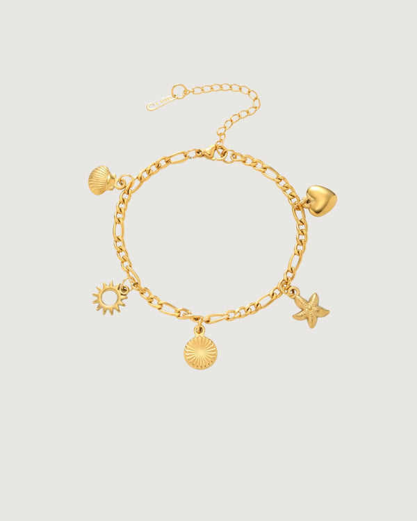 Summer Charm Bracelet by TEGAN RAE JEWELLERY, 18k gold PVD plated bracelet with colorful charms and intricate design.