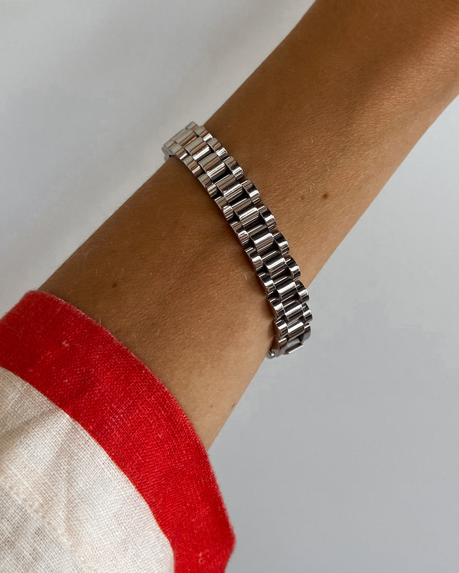 Silver watch link chain bracelet by Tegan Rae Jewellery with a sleek, modern design on a neutral background.